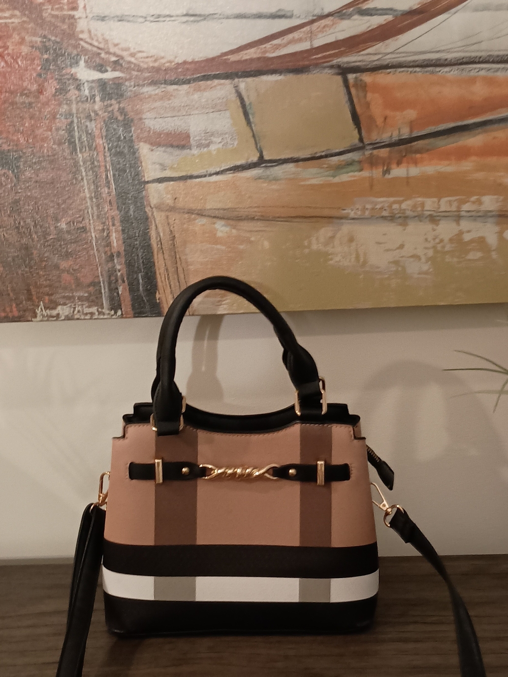 Structured Two-Tone Beige and Black Women’s Satchel - Picture 3 of 10